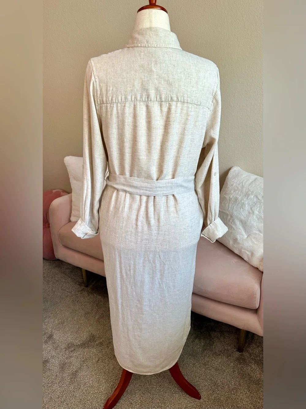 Abercrombie Fitch Shirt Dress Long Linen Viscose LS Belted Natural Cream Sz M T